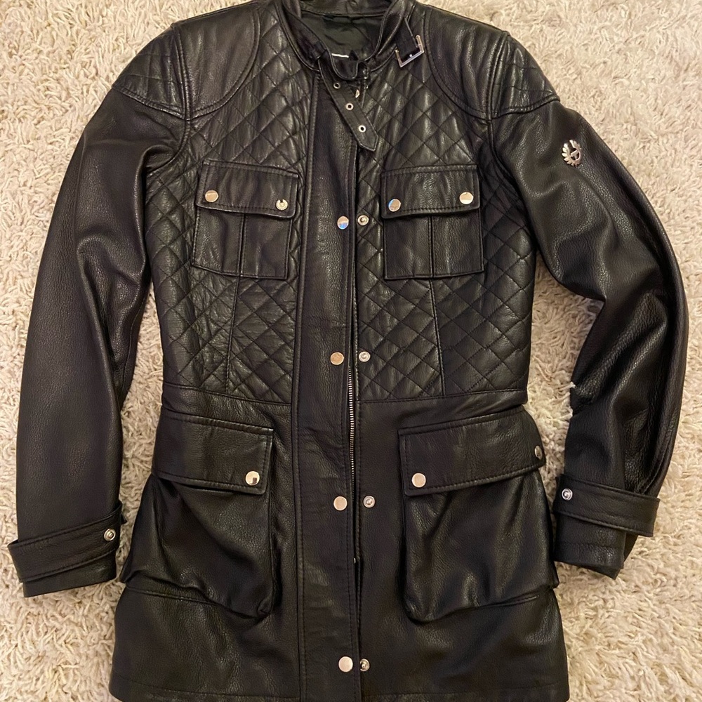 Black leather jacket. British designer Belstaff. Original cost $1700 Canadian.